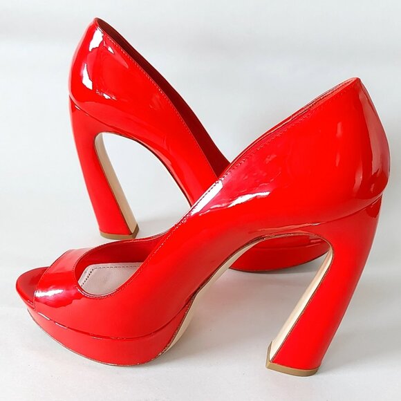 Miu Miu Pumps Size EU 37 Red Patent Leather Peep Toe Comfy Curve Block High Heel - Picture 7 of 13